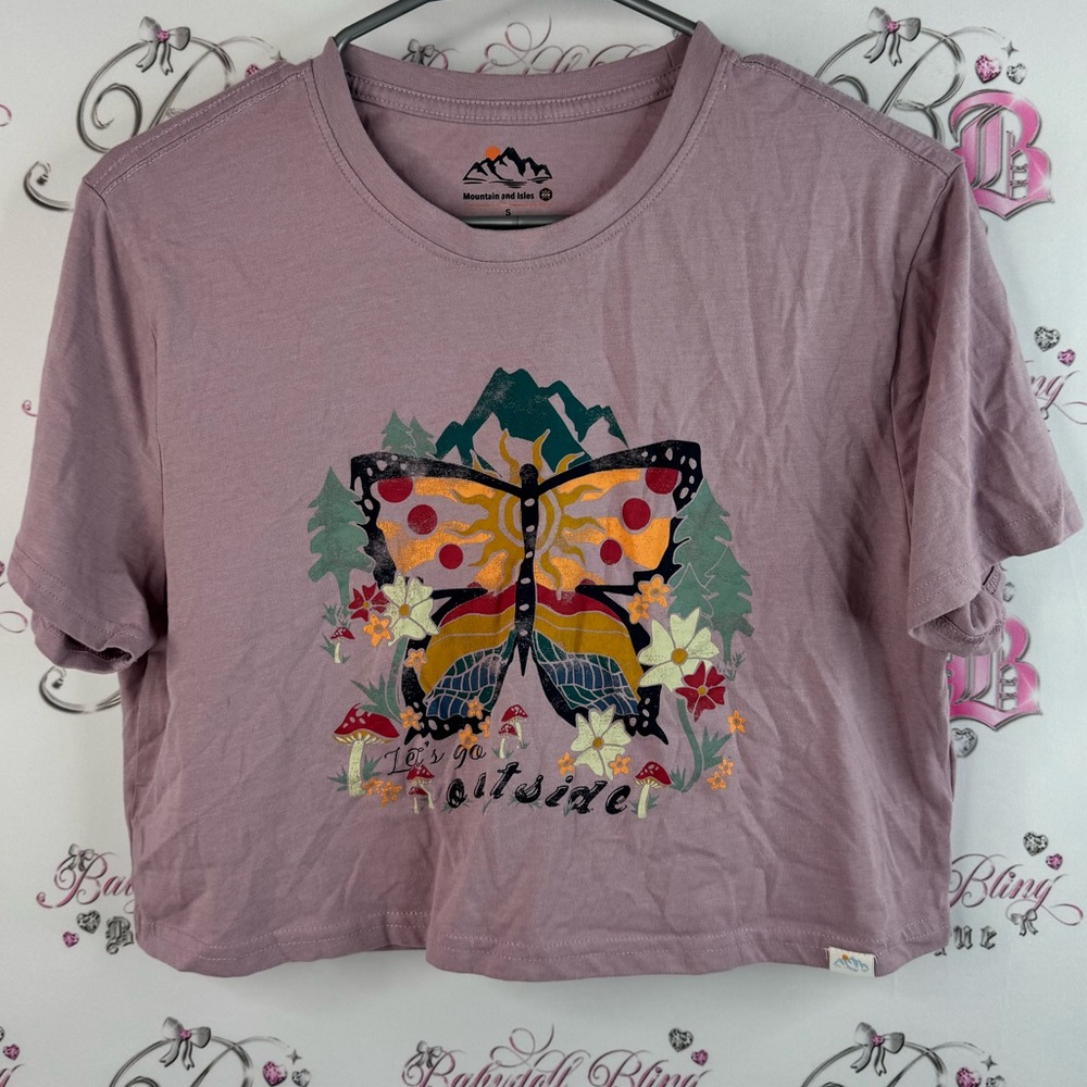 Mountain and isles cropped top let’s go outside mushroom Graphic Purple Crop Top